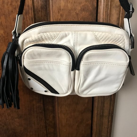 L.A.M.B. White w/Black Zippers Leather Crossbody Bag, Adjustable Strap, Dust Bag - Picture 15 of 16